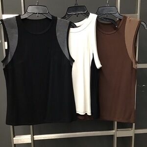 Sleeveless Color Block Tops - Black, White, Brown.